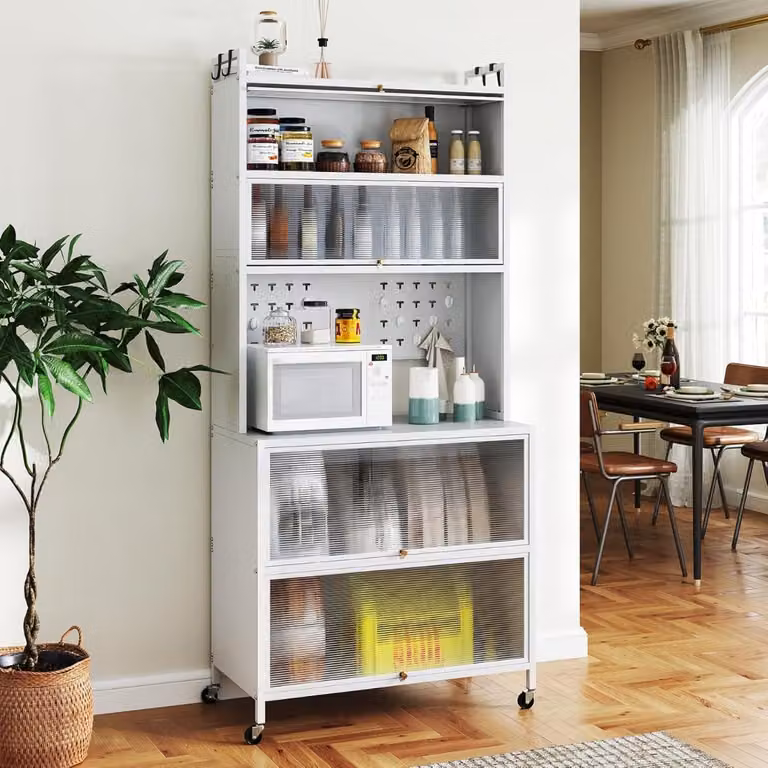 Costway Armadio da Cucina Buffet e Credenza Moderna con 6 Livelli, Porte a Ribalta e Supporto per Microonde, Colore Bianco