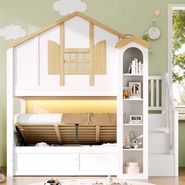 Letto a castello Mivray per bambini in legno di pino bianco con scala contenitore, vano contenitore a sollevamento e illuminazione LED, L/P/H: 90 x 200 x 253 cm
