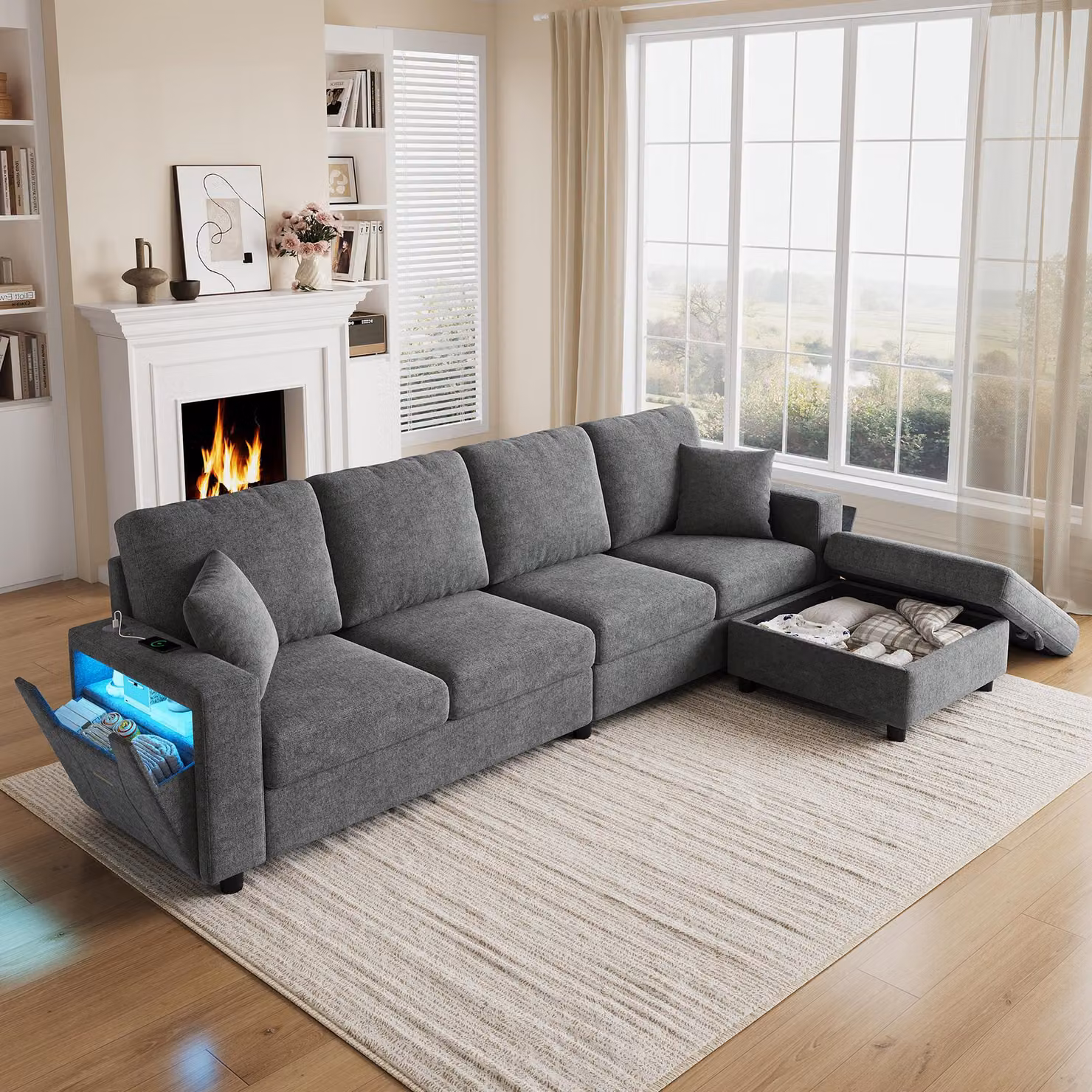 Divano angolare Flieks con illuminazione a LED e prese USB, divano a 4 posti con poggiapiedi e braccioli contenitori, dimensioni 282x153x82 cm, colore grigio, materiale: poliestere