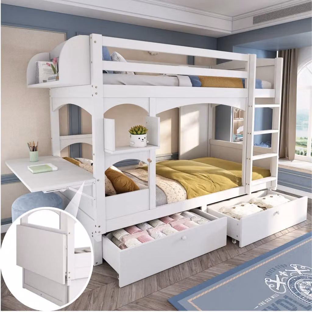 Letto a castello REDOM per bambini con scrivania pieghevole, scaffale e 2 cassetti, Bianco, 90x200 cm – 2