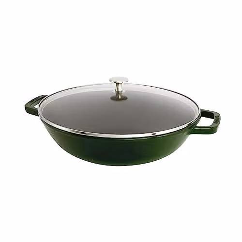 STAUB Wok in ghisa con coperchio in vetro, 30 cm, interno smaltato, per tutti i tipi di fornelli e induzione, verde basilico