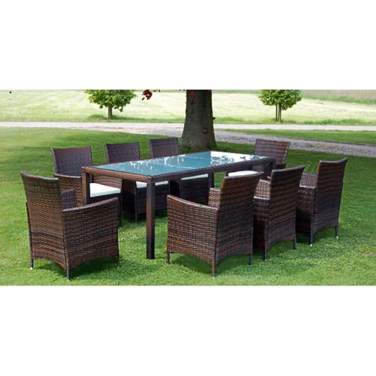 Set da pranzo da giardino vidaXL in polyrattan marrone con cuscini e tavolo in vetro, 9 pezzi