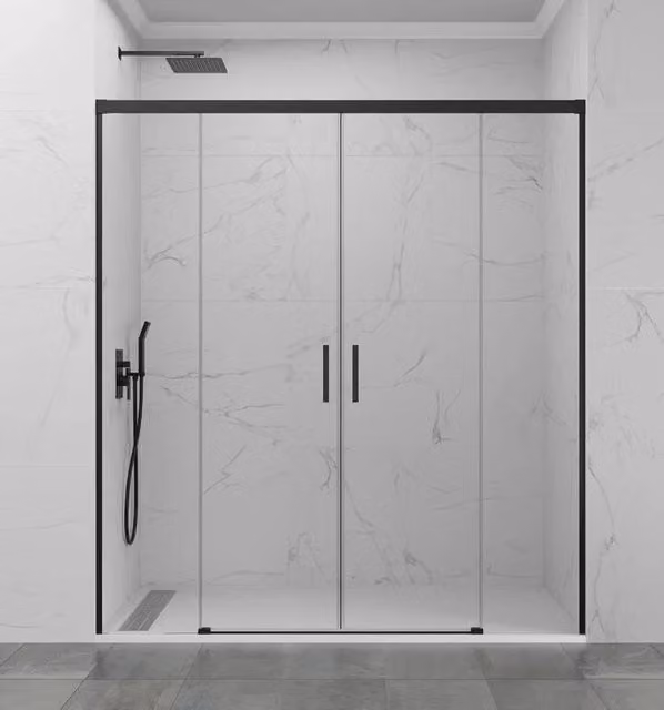 Box doccia frontale BASIC 2 fissi + 2 scorrevoli 140 cm (75+75) nero opaco vetro trasparente