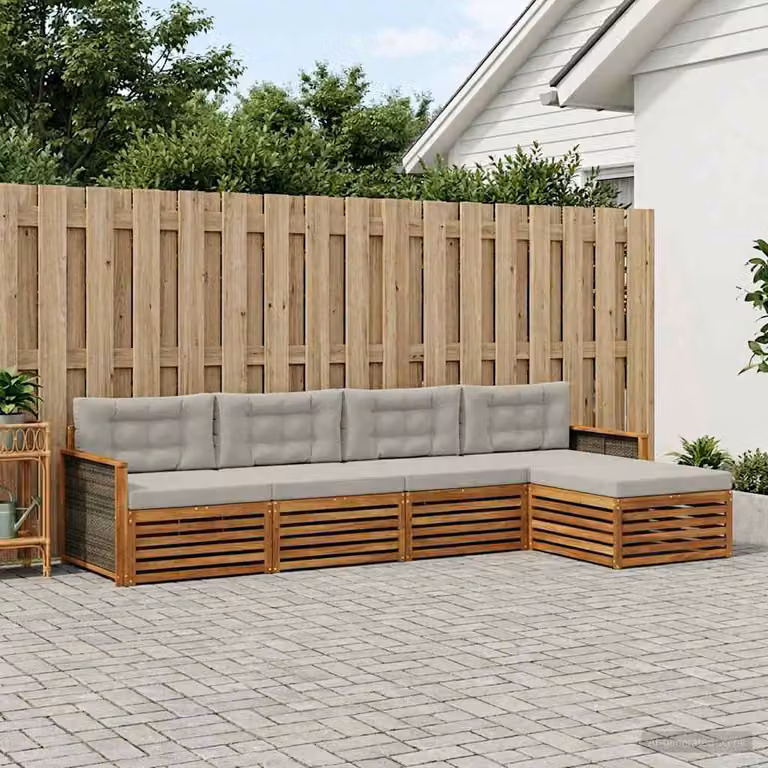 Set di divani da esterno a L vidaXL in legno di acacia con pouf e cuscini, Beige, Marrone e Grigio