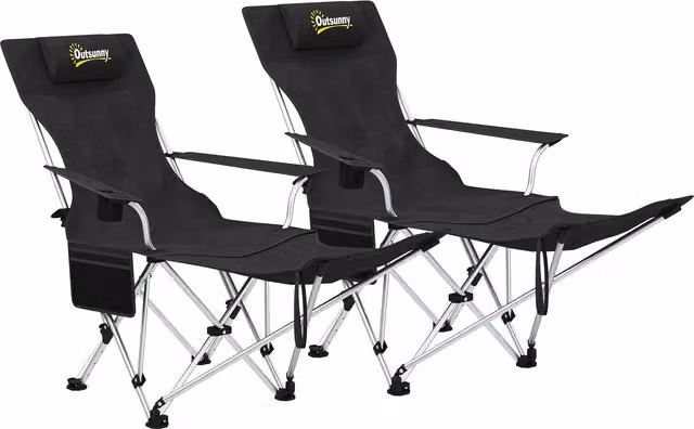 Set di 2 sedie da campeggio pieghevoli Outsunny con poggiapiedi staccabile e portabicchieri, Nero, H 82-100 x L 50 x P 50 cm