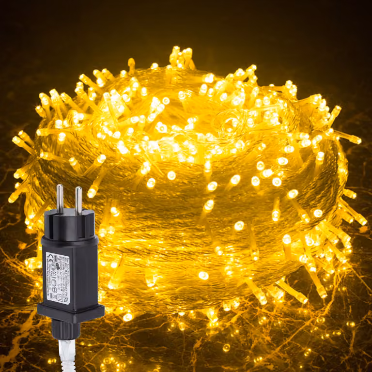 Catena luminosa LED Ikodm, 100 metri, 500 LED, con 8 modalità, ideale per interni, Natale, feste, giardino. Effetto scintillante a forma di stelle. Cavo trasparente, luce bianco caldo