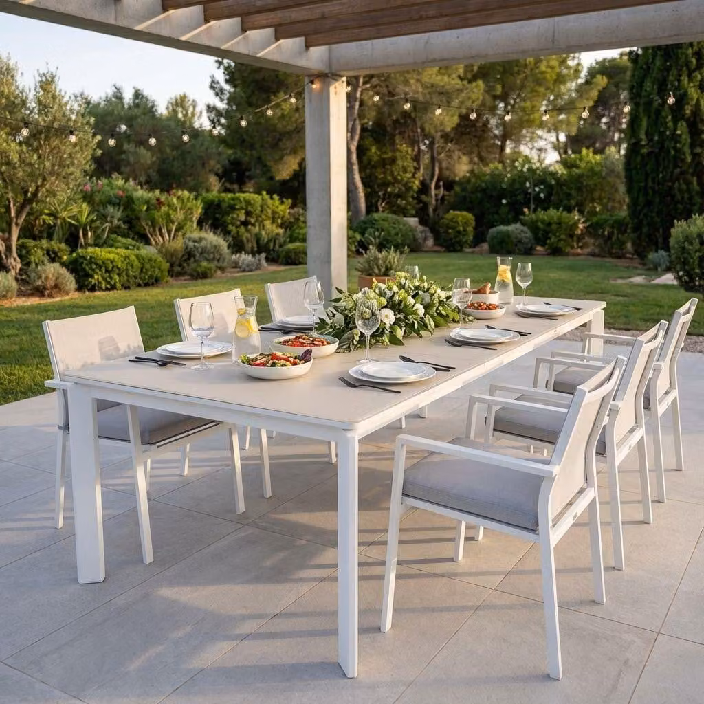 Milani Home - tavolo da giardino allungabile, alluminio, 10 posti, gesso, piano 320 x 90 cm