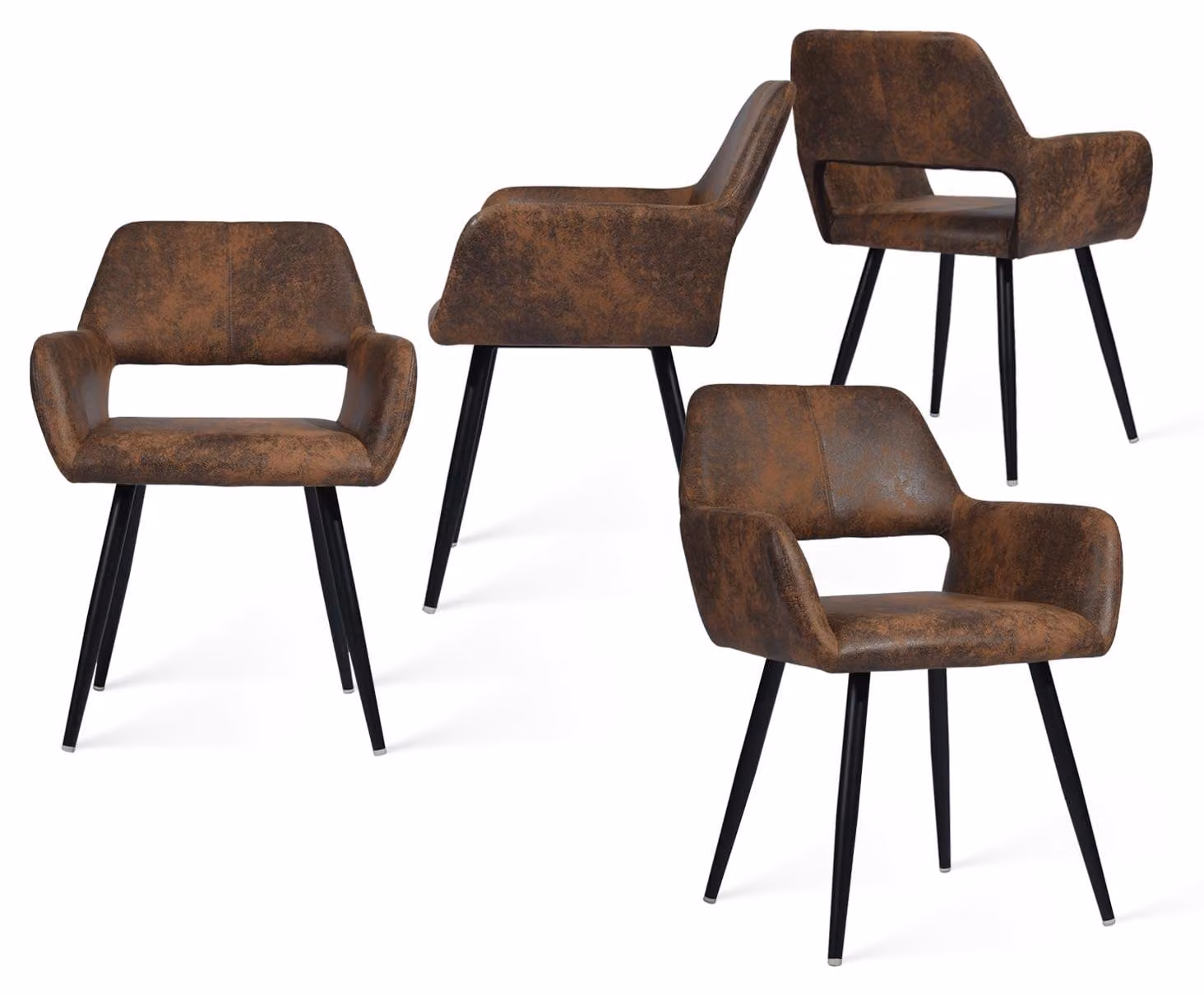 Set di 4 sedie da pranzo, imbottite, con braccioli, in ecopelle, con gambe in metallo, colore marrone