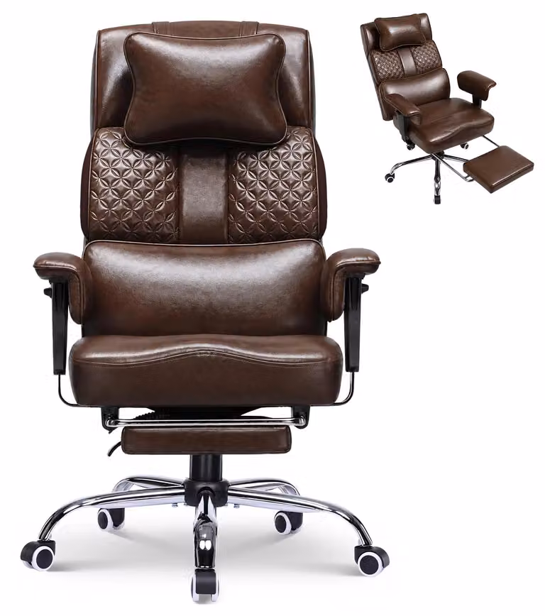 Sedia ergonomica per ufficio e gaming - Modello CH620 - Poggiatesta regolabile - Ampio supporto lombare - Seduta di 54 cm - Schienale regolabile da 90° a 150° - Capacità di carico: 180 kg - Rivestimento in ecopelle marrone