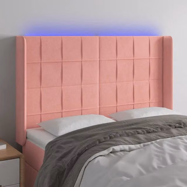 Testiera con LED Design Mania in Velluto Rosa con Porte USB, L: 147 cm, P: 16 cm, H: 118-128 cm – 1