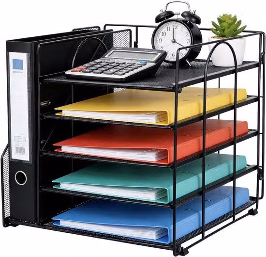 Organizzatore da scrivania con portadocumenti, 5 livelli, in metallo, con struttura a rete, ideale per ufficio e studio, colore nero