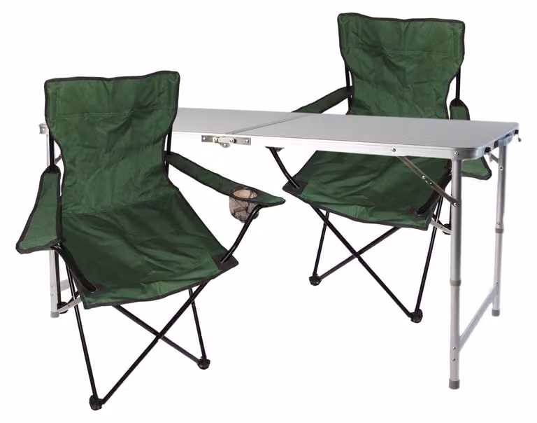 Set di mobili da campeggio in 3 pezzi, verde: tavolo regolabile in altezza, sedie e borsa
