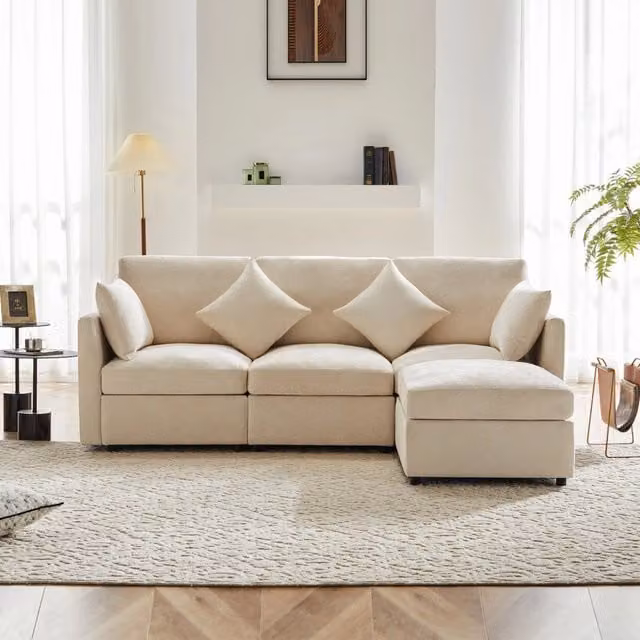 Divano angolare L convertibile in 3 posti - Zephmum - Modulare con pouf mobile e 4 cuscini in chenille, beige