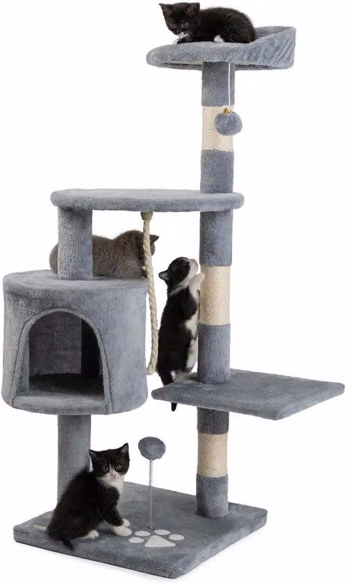 Tiragraffi per gatti - 2 palline di peluche, corda per giocare, altezza 112 cm, corda in sisal, comodo luogo di riposo e grotta, adatto a gatti piccoli e grandi, grigio chiaro