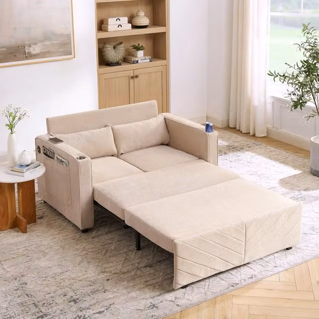 Divano Letto 2 Posti con USB ¨C MINIMAL ¨C Beige, Trasformabile