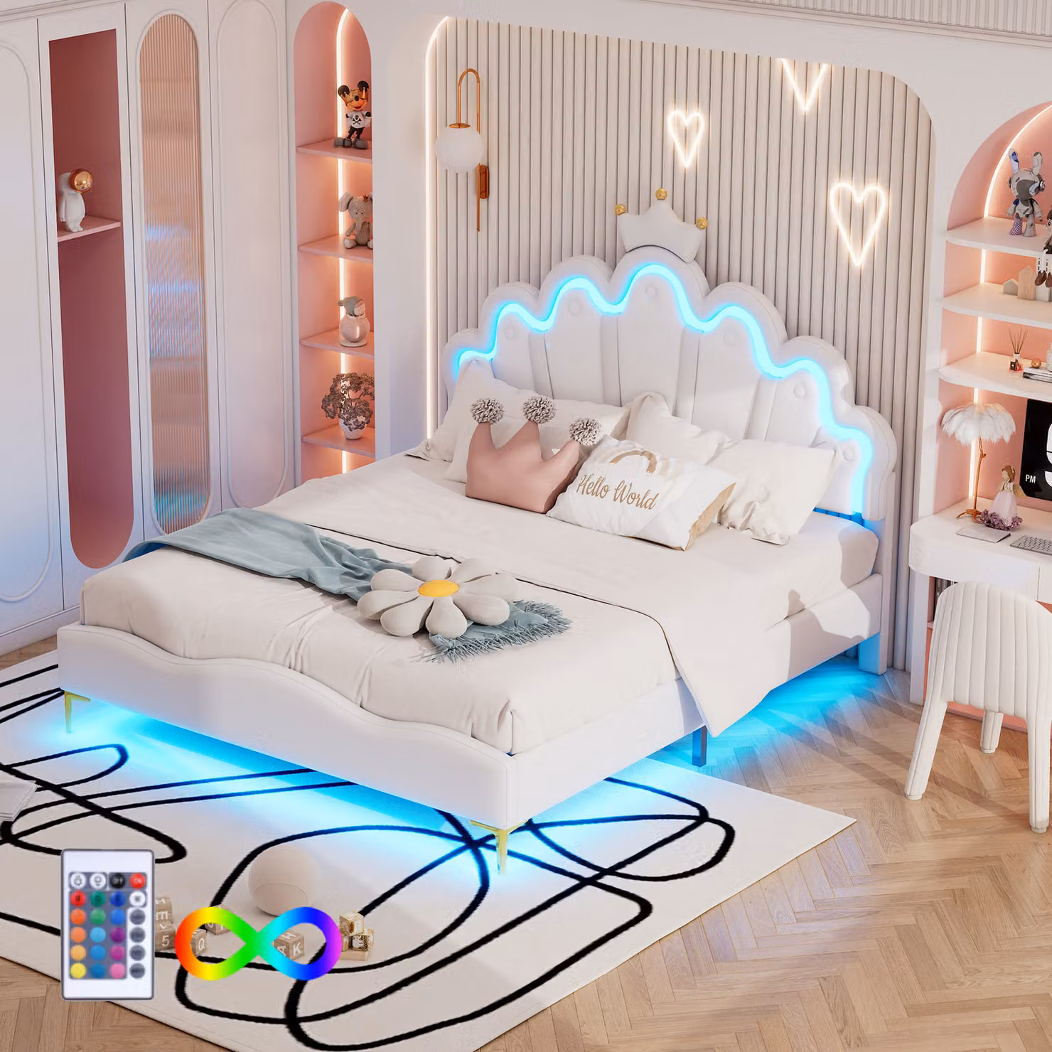 Letto imbottito STILVORA 140x200 cm, letto per bambini e ragazzi con luce a LED e testiera a , bianco (senza materasso)