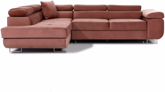 Divano ad angolo convertibile MENTON MEUBLORAMA in velluto rosa con contenitore e funzione letto, L/P/H: 272 x 151 x 85 cm