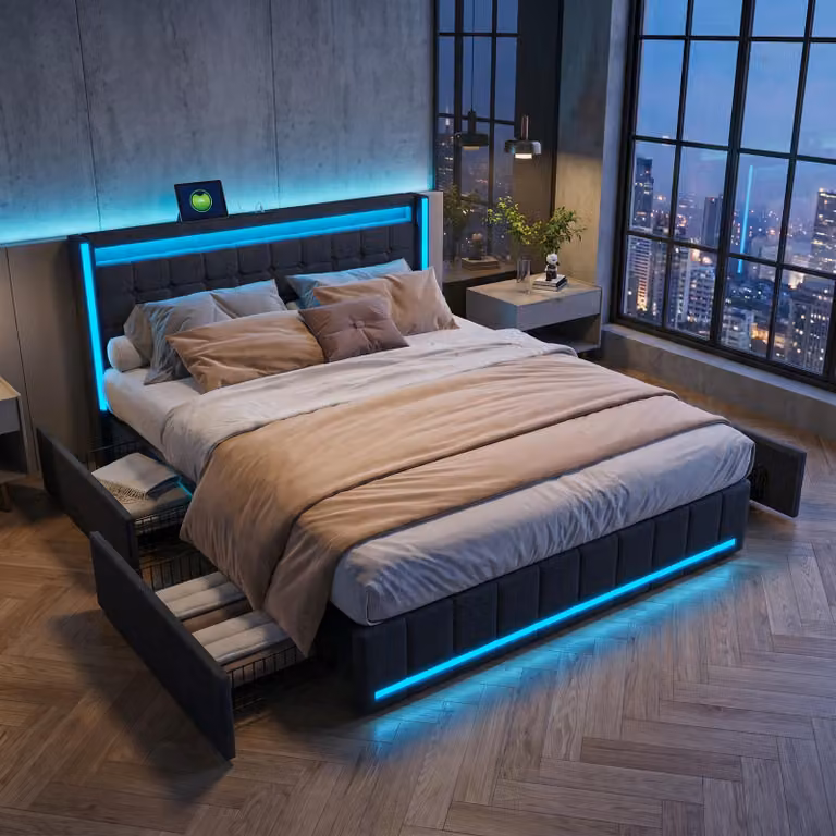 Letto imbottito ProximaX con LED e funzione di ricarica USB sulla testata e 4 cassetti. Letto matrimoniale 160x200cm con rete a doghe in legno in grigio scuro