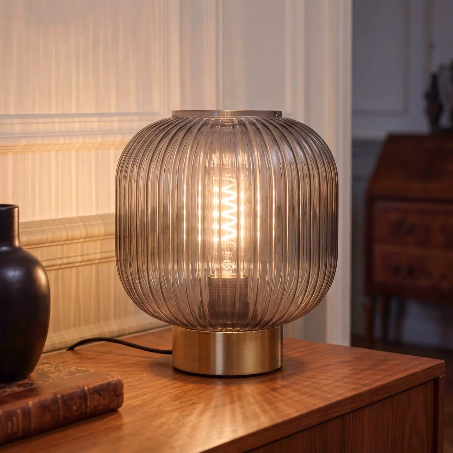 OSRAM Lampada da tavolo Decor Groovie, Alluminio / Grigio / Zincato, Soggiorno / Sala da pranzo, Vetro, Vintage, Lampada da tavolo
