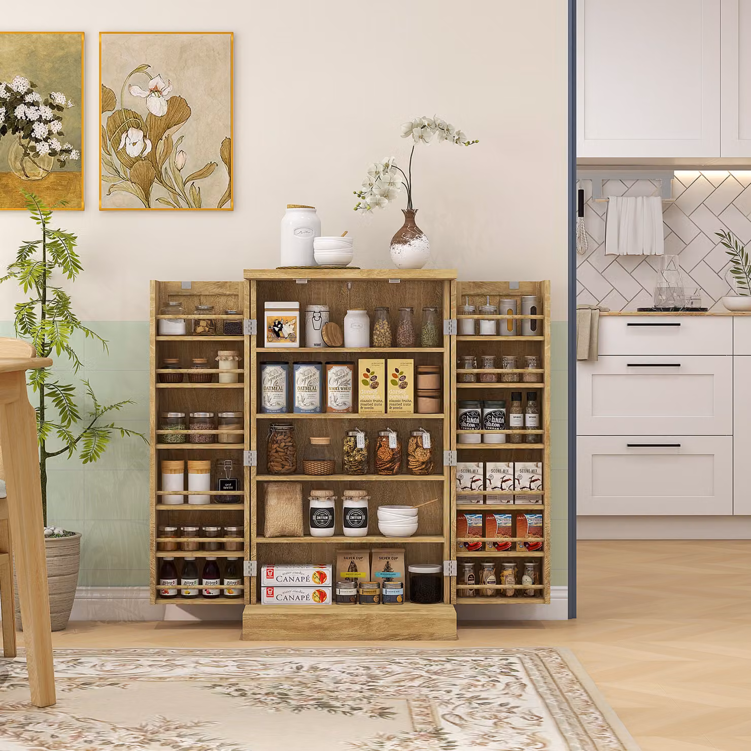 Buffet da cucina HOMCOM con 12 portaspezie sulle ante e ripiani regolabili, effetto legno naturale, L: 60 cm, P: 30 cm, H: 104 cm – 2