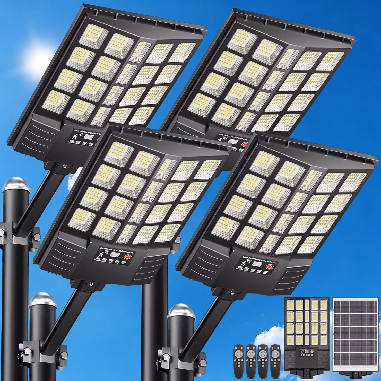 Lampione solare da 1000W con LED a 6500K e sensore di movimento, confezione da 4