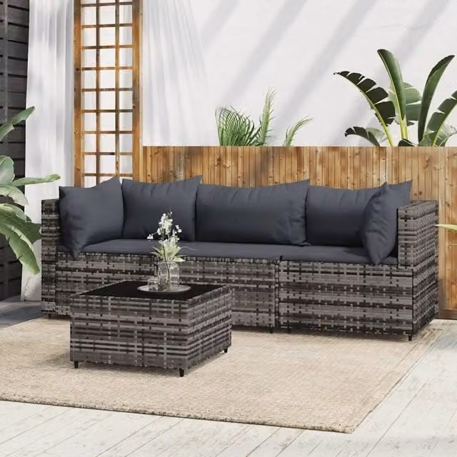 Set da giardino moderno vidaXL composto da divano a 3 posti, elemento angolare, tavolino da caffè e cuscini in antracite con struttura in metallo e dettagli in rattan
