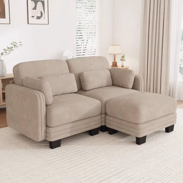 Divano modulare angolare a 2 posti con ottomana; in ciniglia color caffè chiaro; 176 x 143 x 88 cm