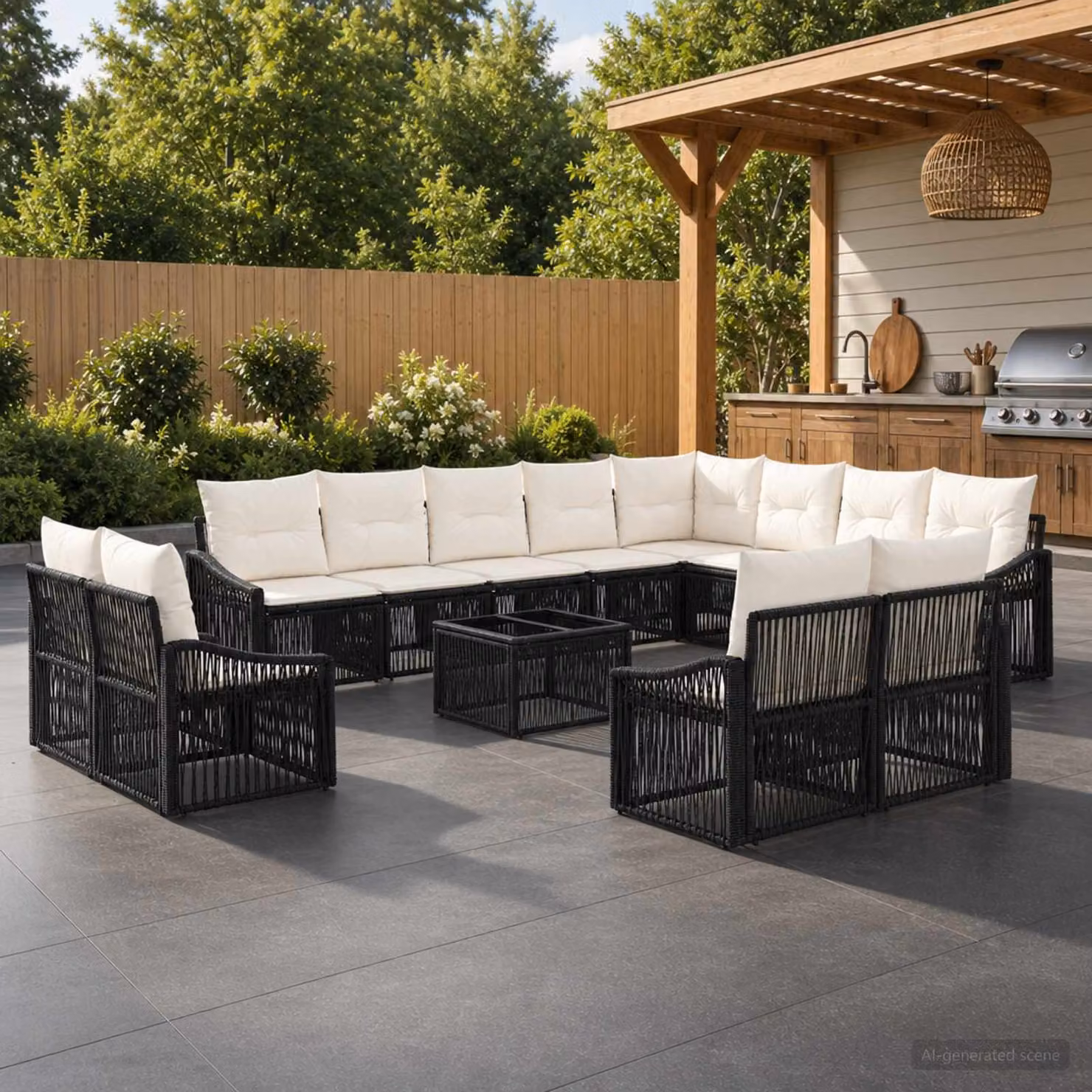 Set Divano da Giardino vidaXL 13 pz a Forma a L con Tavolino, Polyrattan e Struttura in Acciaio, Colore Nero e Beige