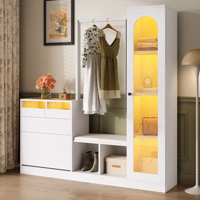 Set di mobili da ingresso moderno MIVRAY in bianco lucido con specchio, scarpiera e panca