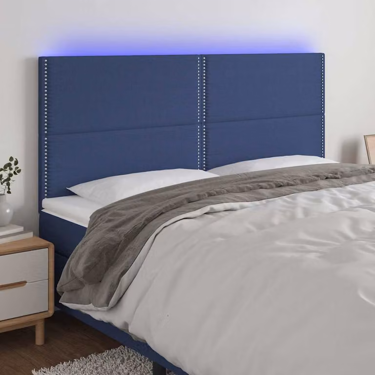 Testiera per letto vidaXL in tessuto blu con illuminazione LED e porta di ricarica USB, L: 200 cm, P: 5 cm, H: 118/128 cm