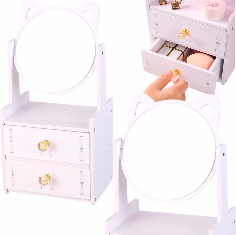 Mini specchio da toilette Due cassetti Orecchie In legno Bianco