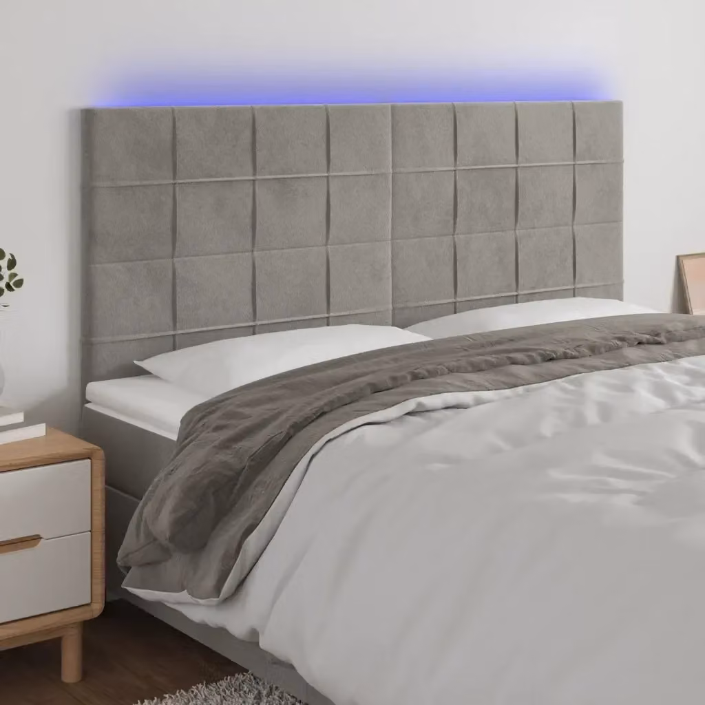 Testiera con illuminazione LED e porta USB in velluto grigio chiaro L: 160 cm, P: 5 cm, H: 118/128 cm – 2