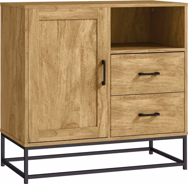 Credenza Moderna Multiuso HOMCOM in Legno e Acciaio con 2 Cassetti e Ripiano Aperto, Marrone e Nero, L 80 x P 40 x H 78 cm