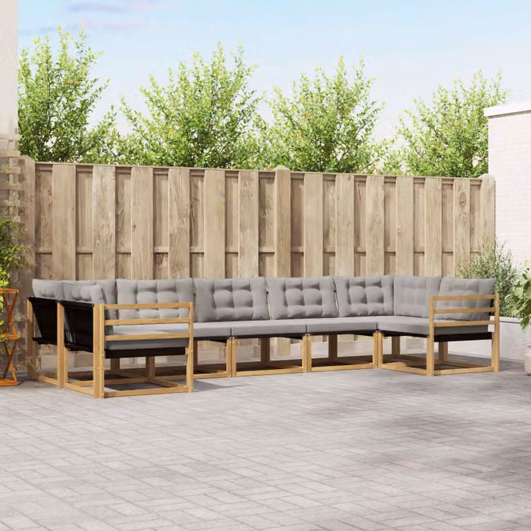 vidaXL Set di divani da esterno a L composto da 7 pezzi in legno di acacia e tessuto textilene, Bianco e Grigio Chiaro