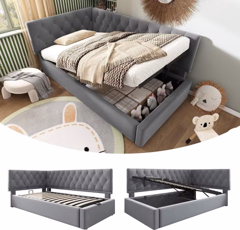 Letto imbottito Sweiko daybed daybed 90x190cm, divano letto con contenitore idraulico, letto per bambini letto per ragazzi struttura letto con doghe in legno, velluto, grigio, senza materasso.