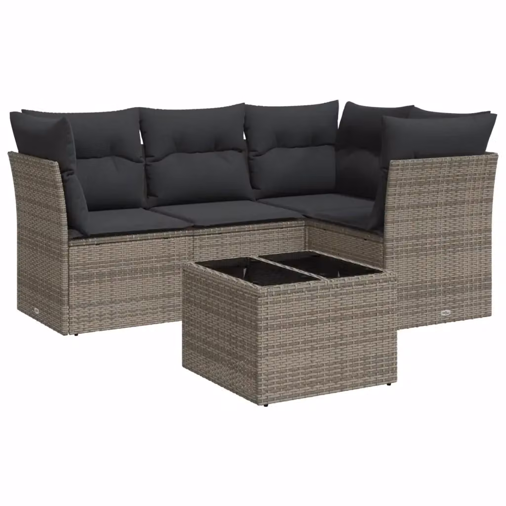 vidaXL Set Divano da Giardino 5 pz a Forma a L in Polyrattan Grigio con Cuscini e Tavolino da Caffè – 2