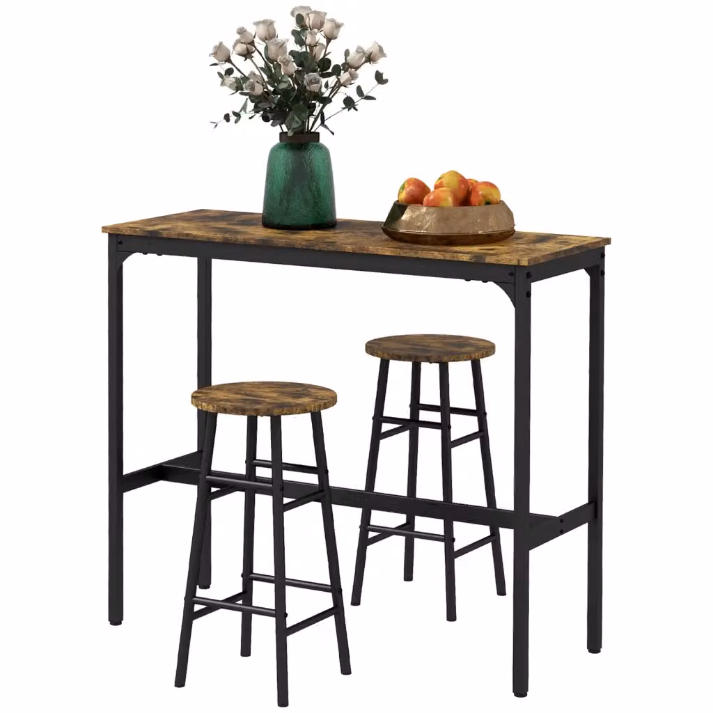 Set Tavolo Alto Bar Xylo con 2 Sgabelli, Struttura in Acciaio Nero e Piano Effetto Legno Mogano – 2