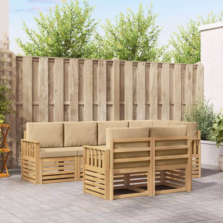 Set di divani da esterno vidaXL 7 pz a forma di L in legno di acacia con cuscini bianchi e beige