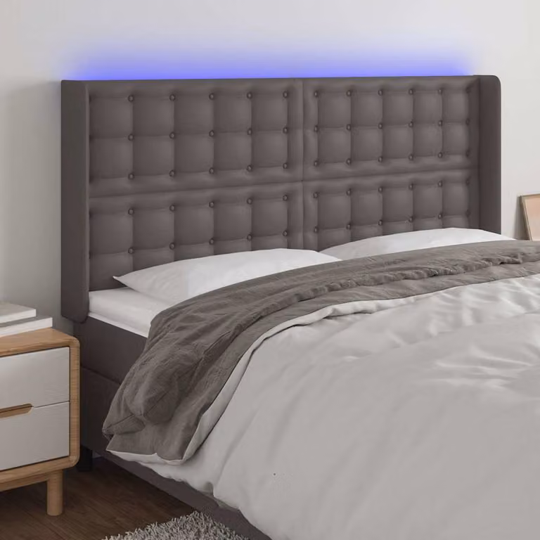 Testiera con LED e porta di ricarica USB vidaXL in similpelle grigia, L: 183 cm, P: 16 cm, H: 118/128 cm