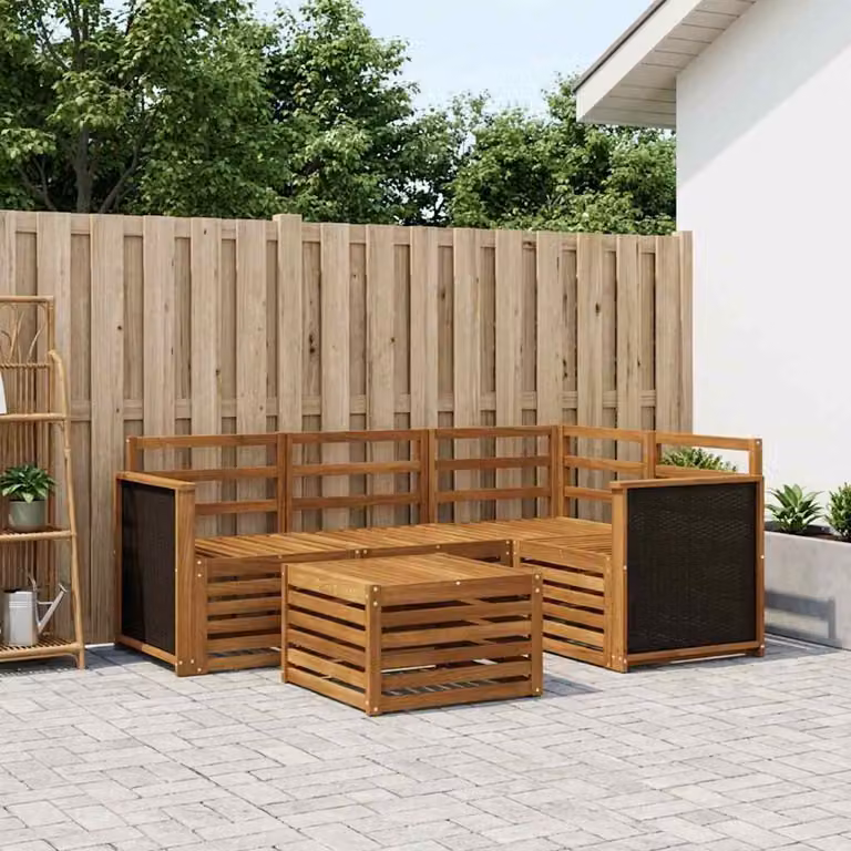 Set di divani da esterno vidaXL a forma di L con tavolo da caffè, 5 pezzi, in legno di acacia marrone con cuscini inclusi