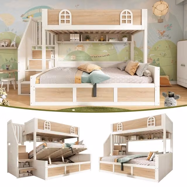 Letto a castello con contenitore idraulico ¨C Minimal ¨C legno pino bianco 90x200 e 140x200 cm senza materasso