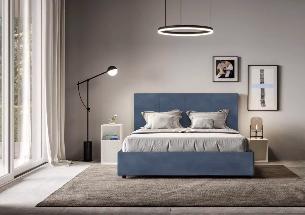 BS COM Letto matrimoniale con rete imbottita in microfibra blu L/P: 160 x 200 cm – 2