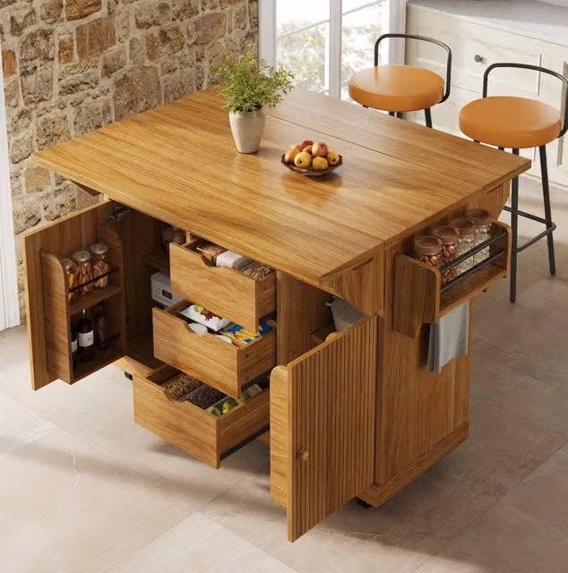 Carrello da cucina con estensioni pieghevoli, altezza ergonomica 95 cm, 3 cassetti, struttura in metallo e MDF, colore marrone scuro