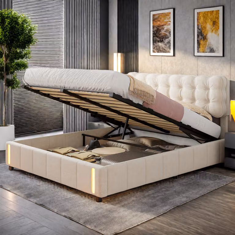 Letto imbottito 140x200cm, letto contenitore letto matrimoniale con rete a doghe e LED, letto a molle idrauliche letto per ragazzi, letto funzionale in velluto, beige