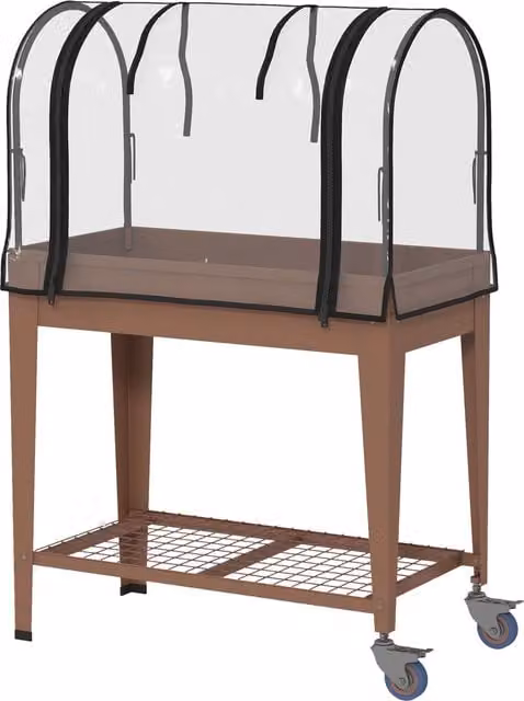 Fioriera Rialzata con Mini Serra per Piante e Ripiano con Ruote Outsunny, Marrone, L 80 cm x P 40 cm x H 120 cm