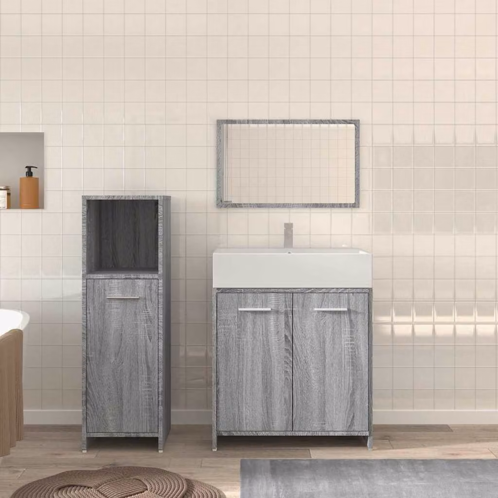Set di mobili da bagno vidaXL in legno multistrato grigio composto da 3 pezzi con mobile lavabo, pensile con specchio e mobiletto laterale