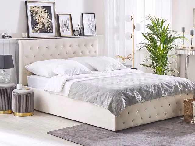 Letto Matrimoniale Beliani in Velluto Beige con Contenitore e Base Lift Up L/P/H: 180 x 200 x 217 cm