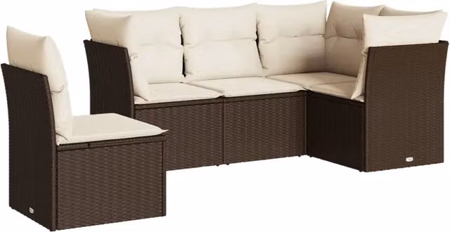 Set Divano da Giardino a L con Cuscini DESIGN IN, 5 Pezzi, Marrone e Bianco, Struttura in Metallo e Polyrattan con Rivestimenti Rimovibili – 1