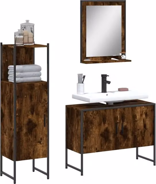 Set di mobili da bagno industrial vidaXL in legno e metallo marrone composto da mobile lavabo, pensile e armadietto con specchio L/P/H: 120,5 x 33 x 80 cm
