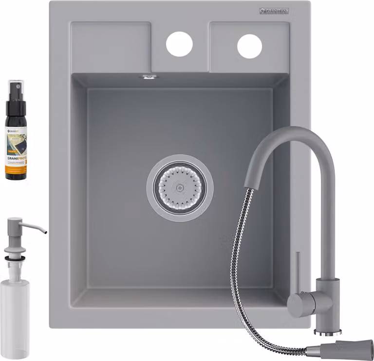 Granitan - Lavello in granito - Lavello da cucina - 50x40 cm - Grigio - con rubinetto LIBRA e dispenser per sapone - Lavello - BEST